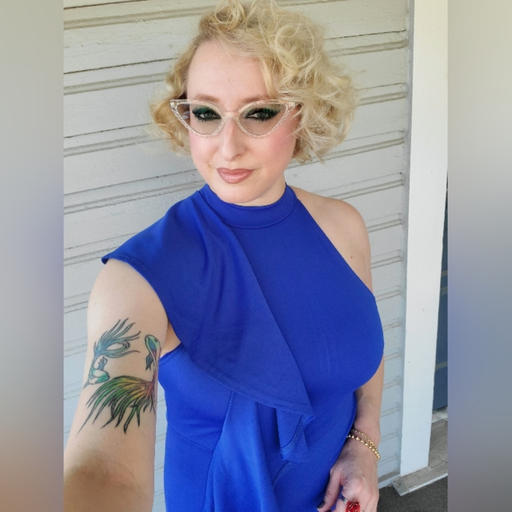 EUC Royal Blue Asymmetrical Ruffled Bodysuit Bodycon Sz L - Picture 3 of 6